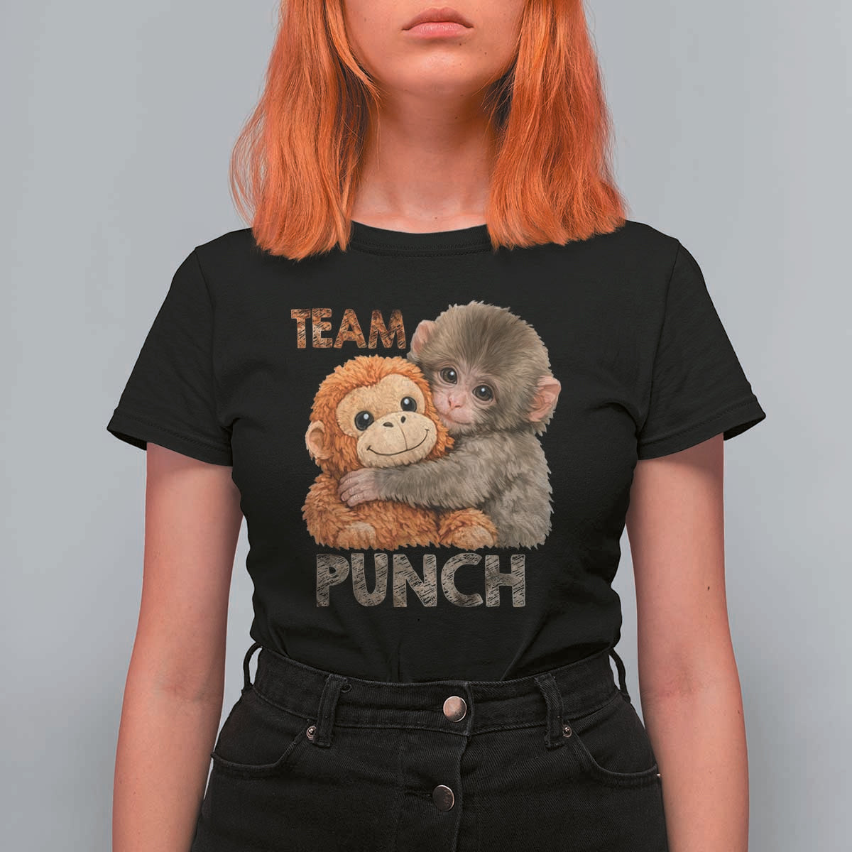 Team Punch Viral Baby Monkey T Shirt For Women Cute Monkey Hugging Plush Toy Internet Trend Gift