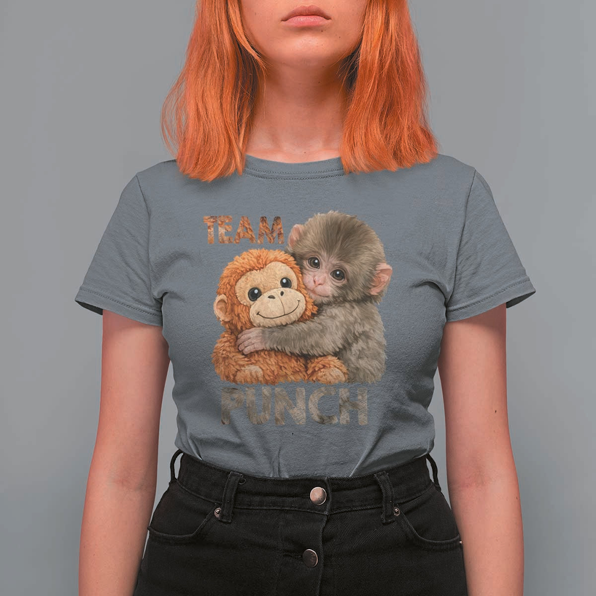 Team Punch Viral Baby Monkey T Shirt For Women Cute Monkey Hugging Plush Toy Internet Trend Gift