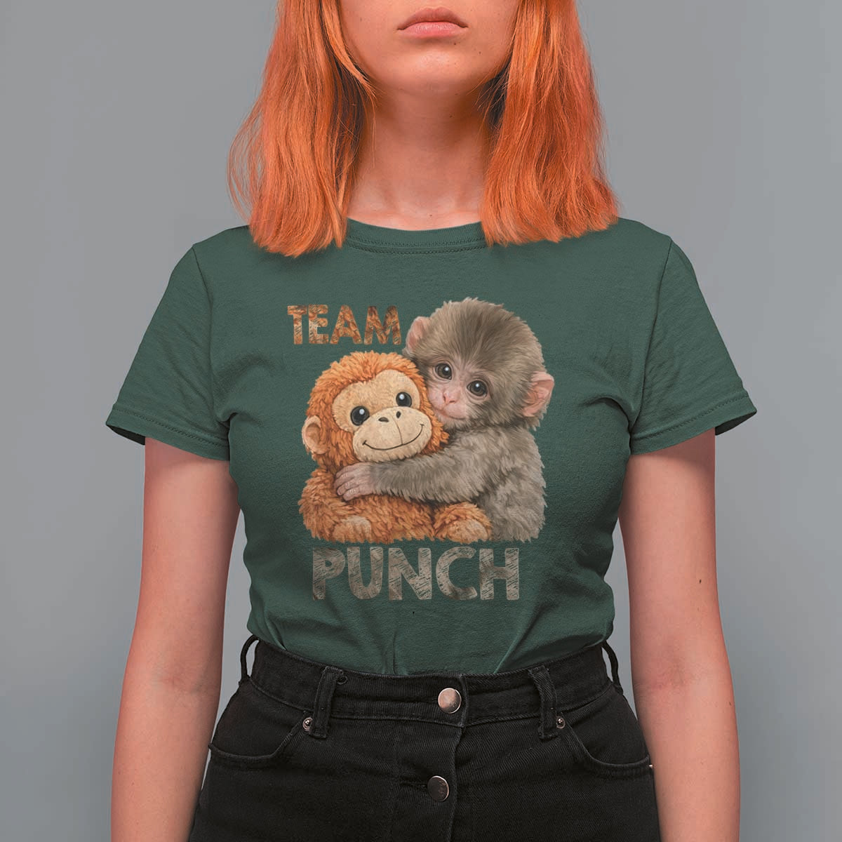 Team Punch Viral Baby Monkey T Shirt For Women Cute Monkey Hugging Plush Toy Internet Trend Gift