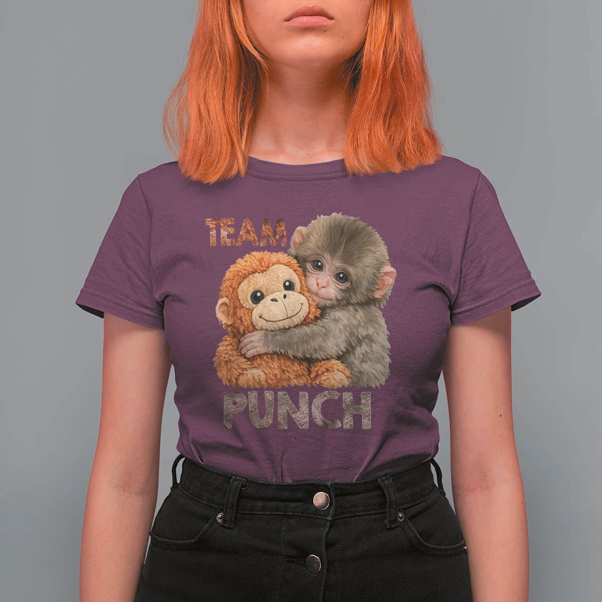 Team Punch Viral Baby Monkey T Shirt For Women Cute Monkey Hugging Plush Toy Internet Trend Gift