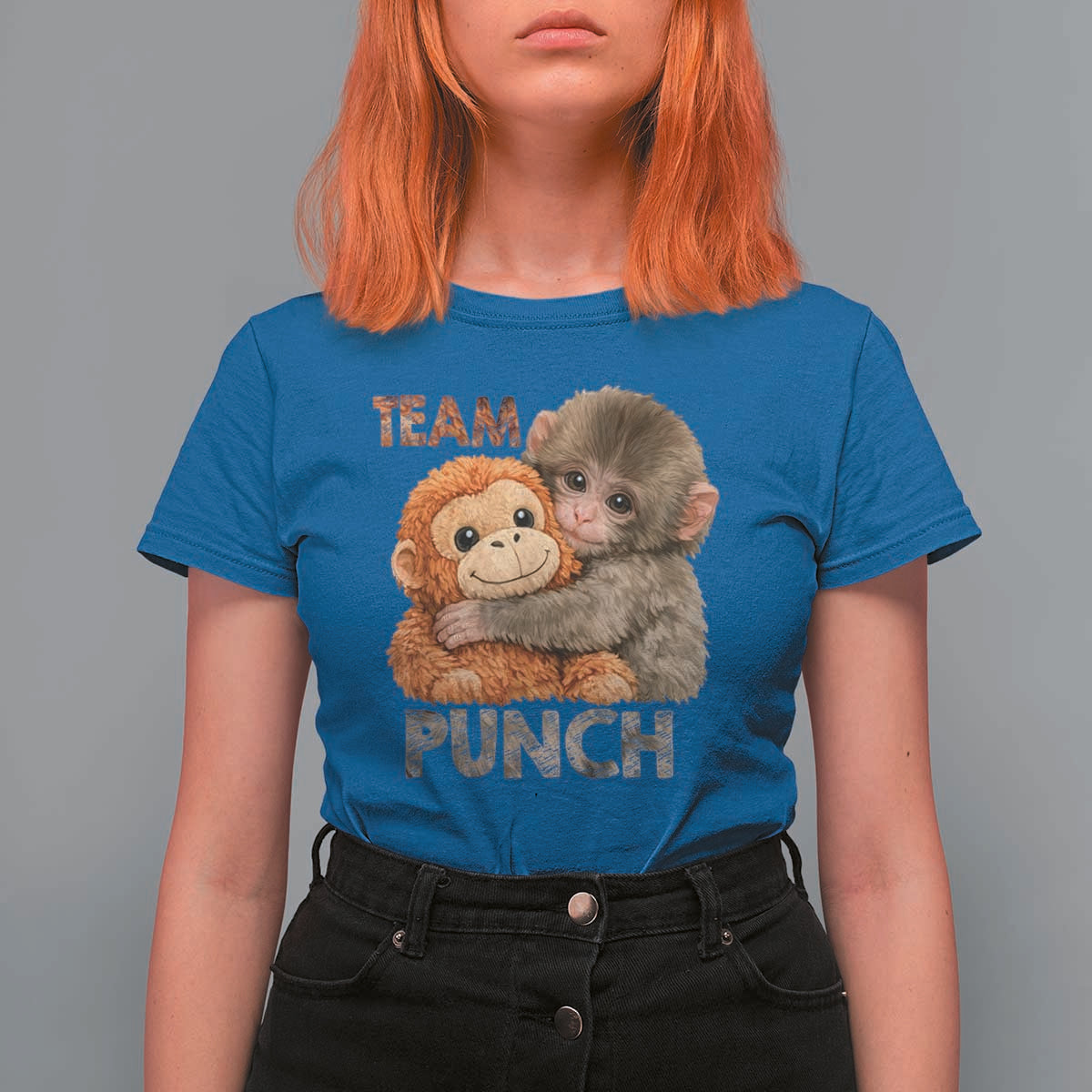 Team Punch Viral Baby Monkey T Shirt For Women Cute Monkey Hugging Plush Toy Internet Trend Gift