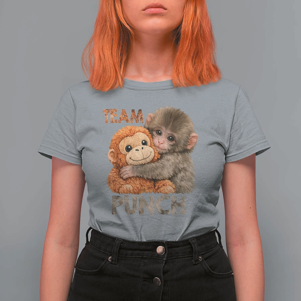 Team Punch Viral Baby Monkey T Shirt For Women Cute Monkey Hugging Plush Toy Internet Trend Gift