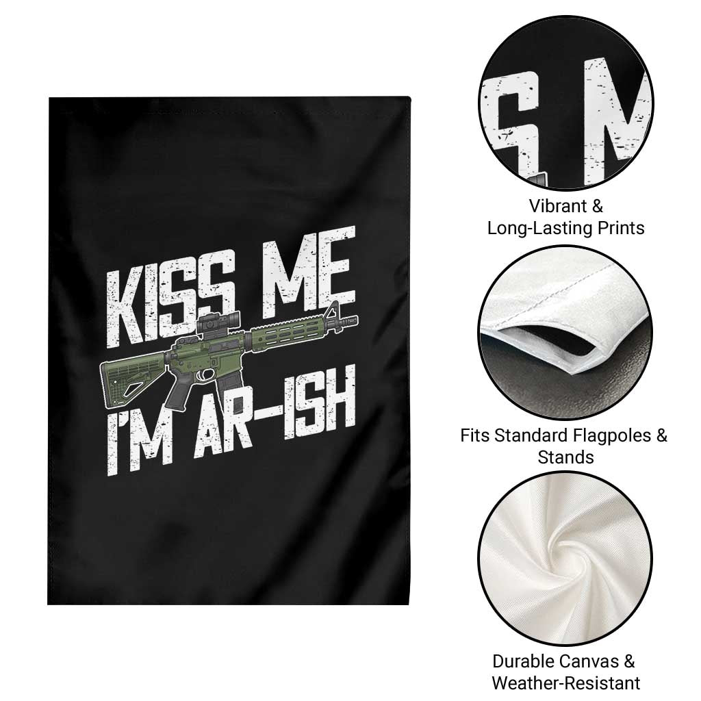 Kiss Me Im ARish Funny St Patricks Day Garden Flag Tactical Irish Humor for Gun Enthusiasts