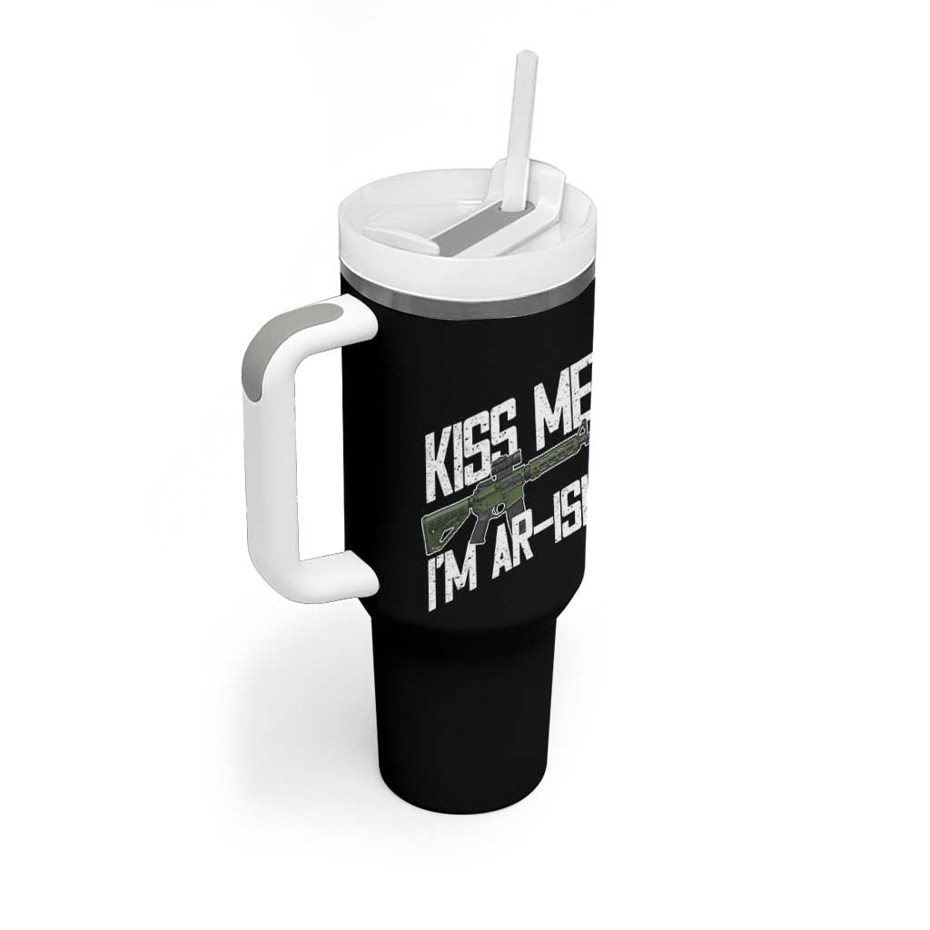 Kiss Me Im ARish Funny St Patricks Day Tumbler With Handle Tactical Irish Humor for Gun Enthusiasts