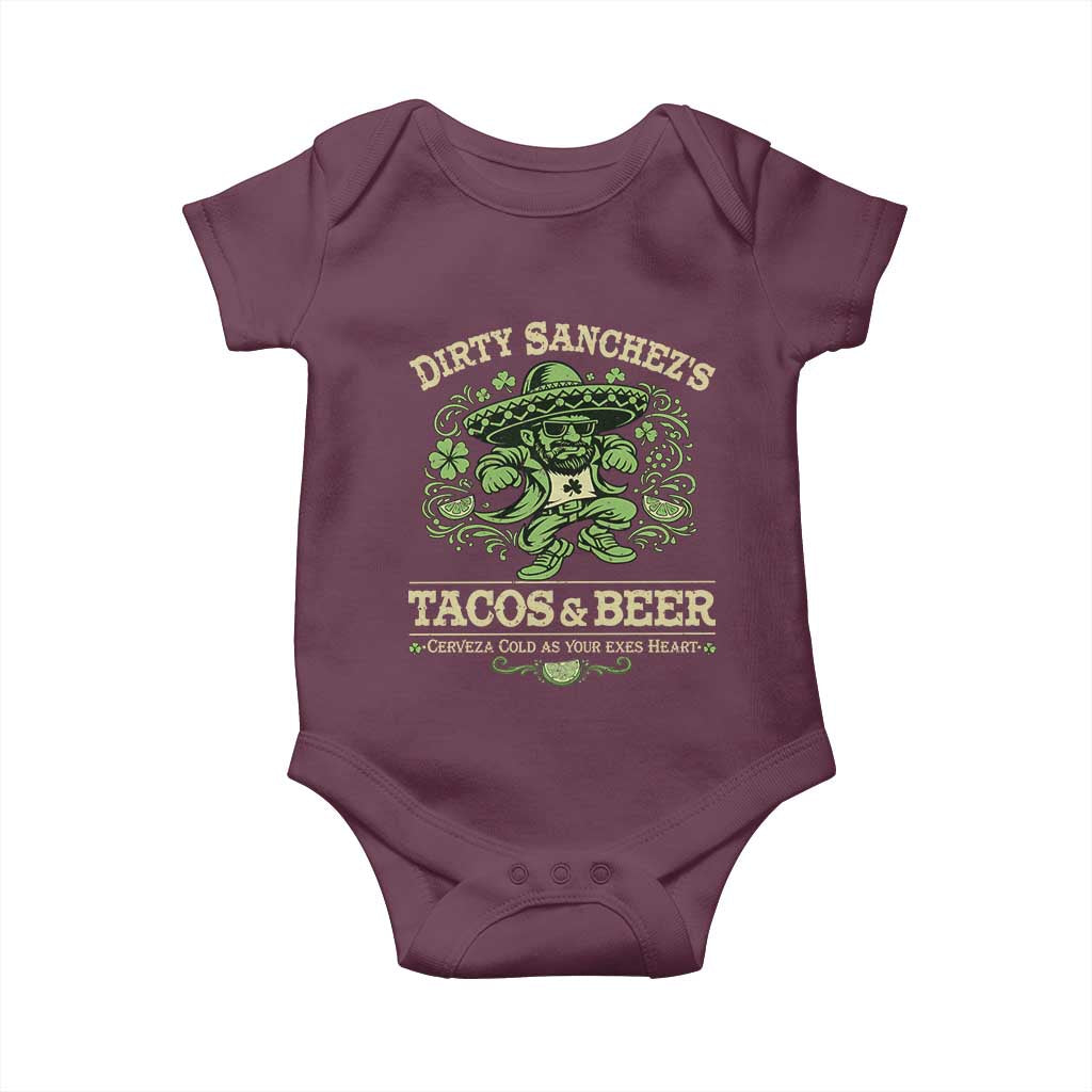 Dirty Sanchezs Tacos and Beer Funny Fiesta Baby Onesie Cerveza Cold as Your Exes Heart Mexican Party Humor