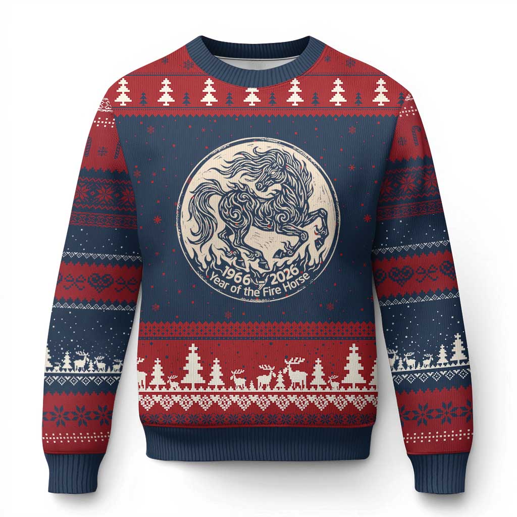 Year of the Fire Horse 1966 2026 Graphic Ugly Christmas Sweater 60 Years Chinese Zodiac Horse Vintage Style