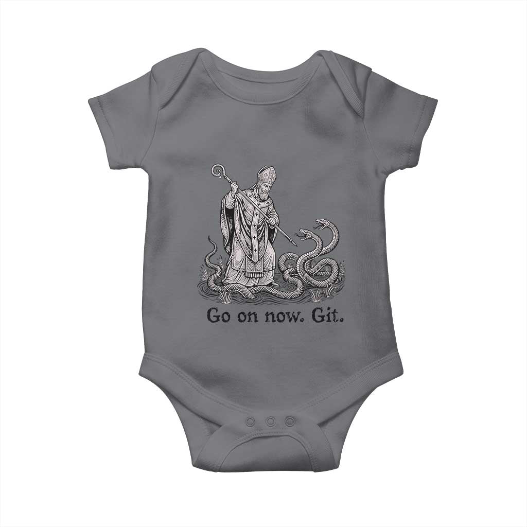 Go On Now Git Funny Saint Patrick Banishing Snakes Baby Onesie Irish History Humor St Patricks Day