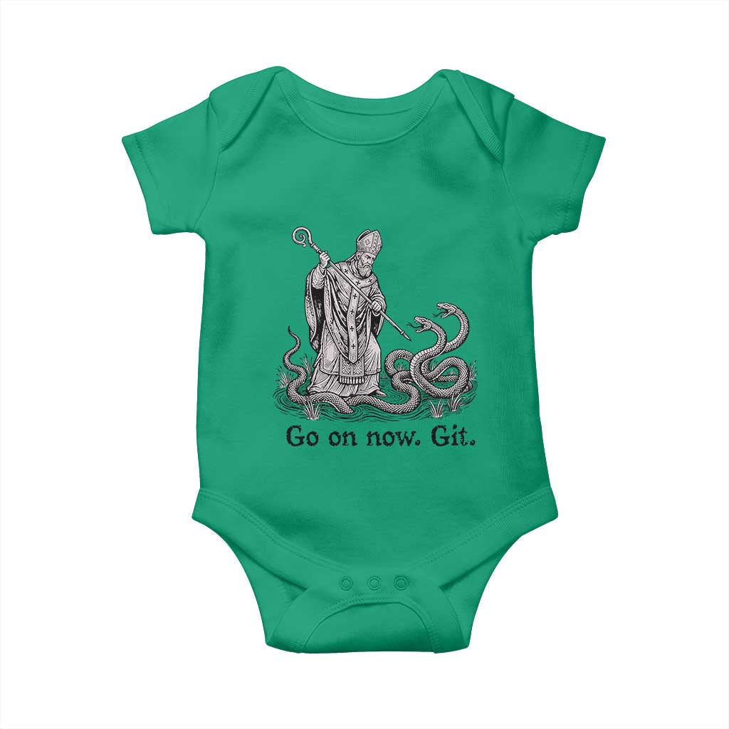Go On Now Git Funny Saint Patrick Banishing Snakes Baby Onesie Irish History Humor St Patricks Day