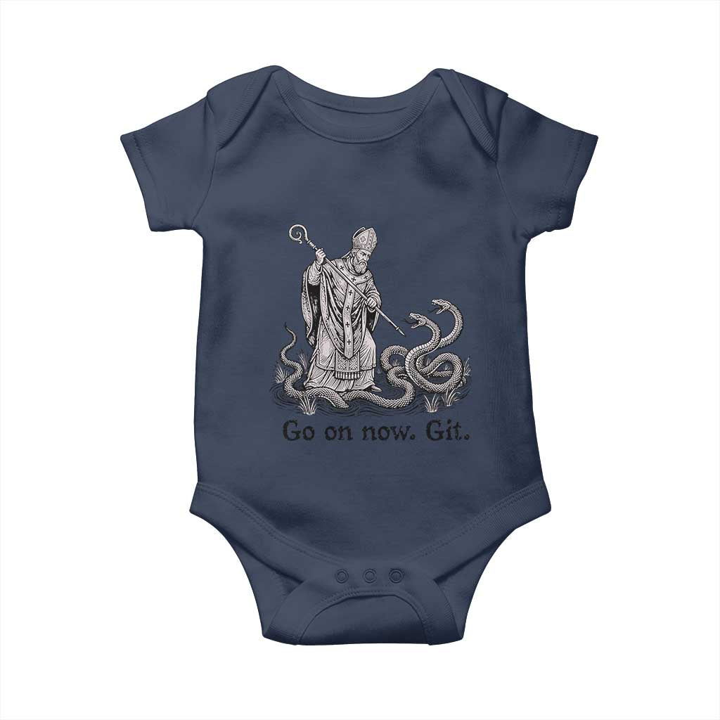 Go On Now Git Funny Saint Patrick Banishing Snakes Baby Onesie Irish History Humor St Patricks Day