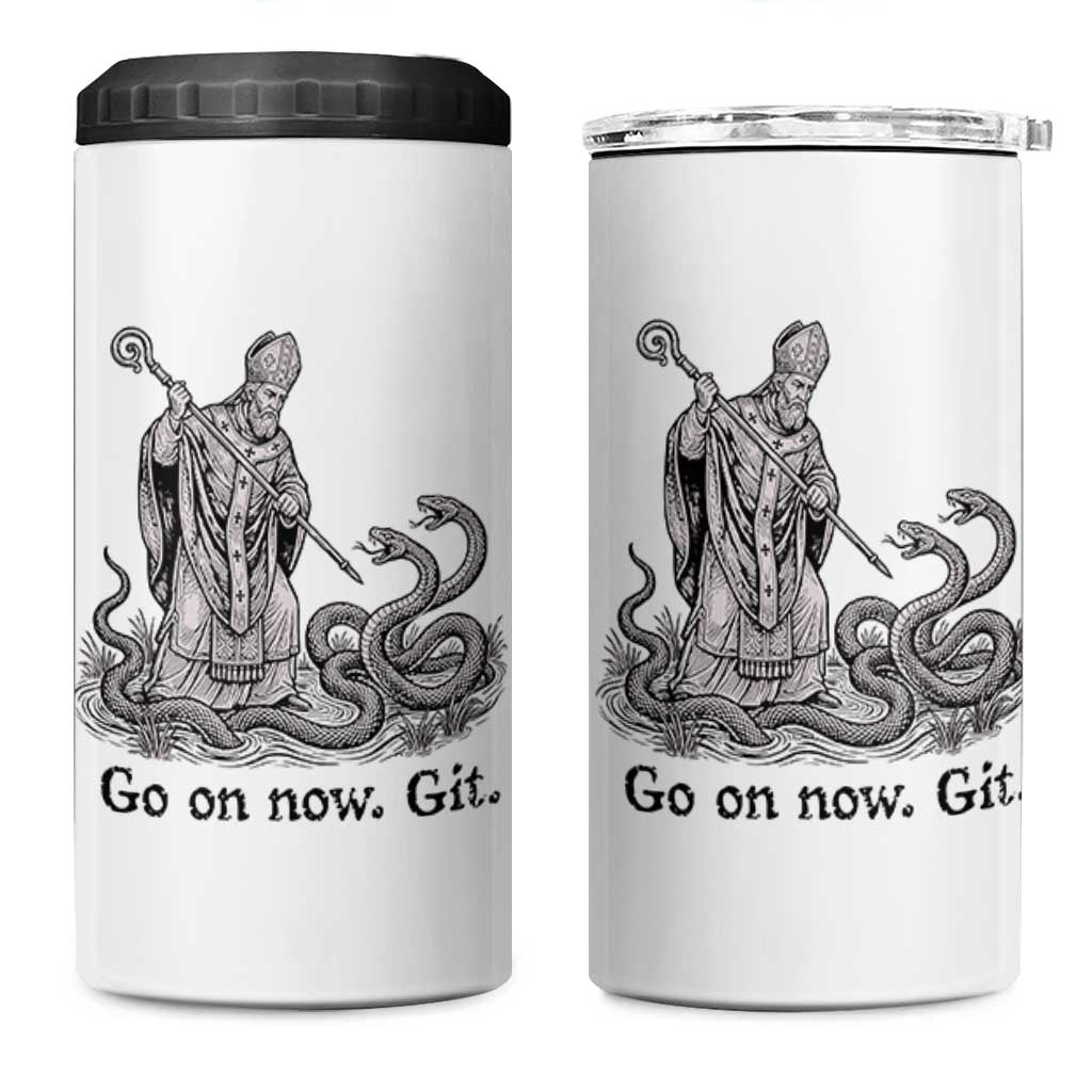 Go On Now Git Funny Saint Patrick Banishing Snakes 4 in 1 Can Cooler Tumbler Irish History Humor St Patricks Day