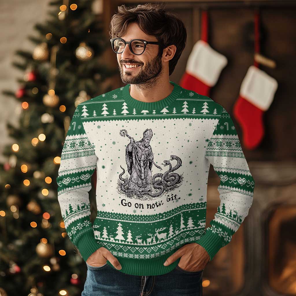 Go On Now Git Funny Saint Patrick Banishing Snakes Ugly Christmas Sweater Irish History Humor St Patricks Day