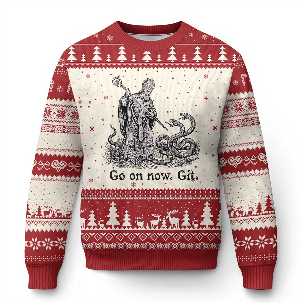 Go On Now Git Funny Saint Patrick Banishing Snakes Ugly Christmas Sweater Irish History Humor St Patricks Day