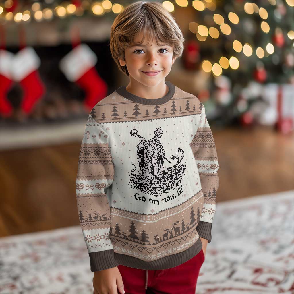 Go On Now Git Funny Saint Patrick Banishing Snakes Ugly Christmas Sweater Irish History Humor St Patricks Day