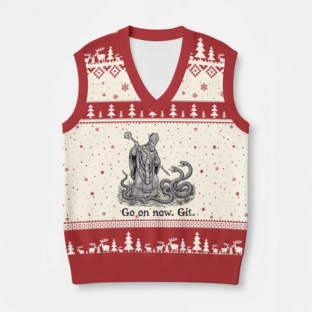 Go On Now Git Funny Saint Patrick Banishing Snakes V-Neck Knit Sweater Vest Irish History Humor St Patricks Day