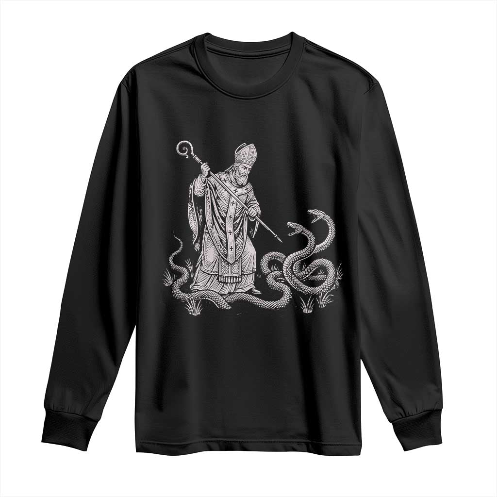 Go On Now Git Funny Saint Patrick Banishing Snakes Long Sleeve Shirt Irish History Humor St Patricks Day