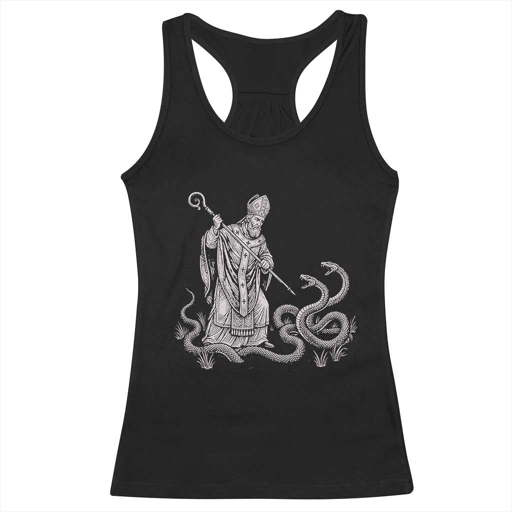 Go On Now Git Funny Saint Patrick Banishing Snakes Racerback Tank Top Irish History Humor St Patricks Day