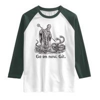 Go On Now Git Funny Saint Patrick Banishing Snakes Raglan Shirt Irish History Humor St Patricks Day