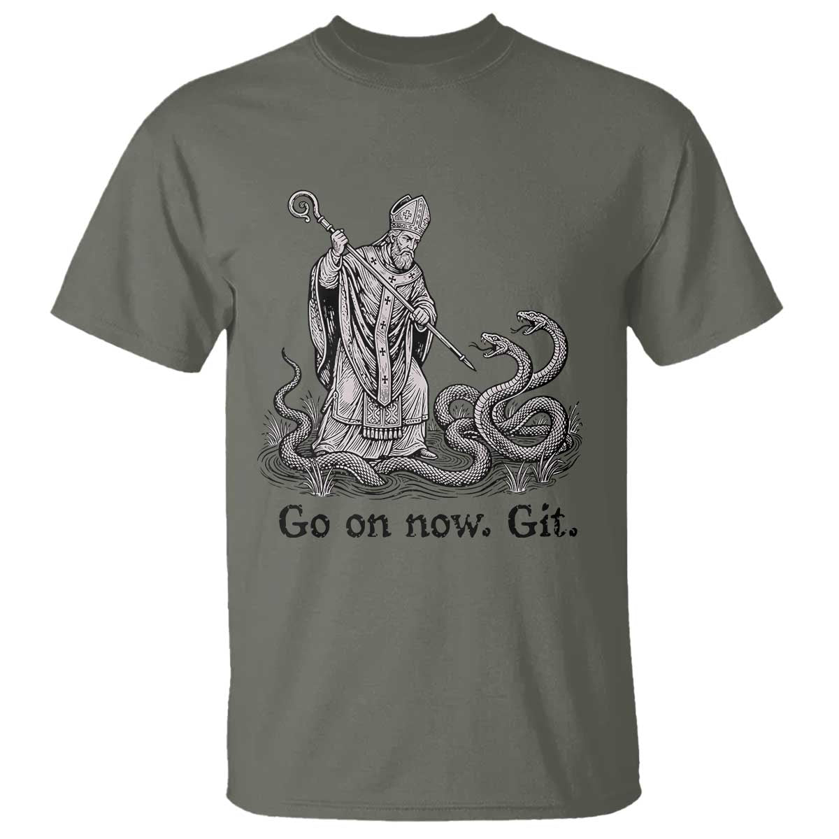Go On Now Git Funny Saint Patrick Banishing Snakes T Shirt Irish History Humor St Patricks Day