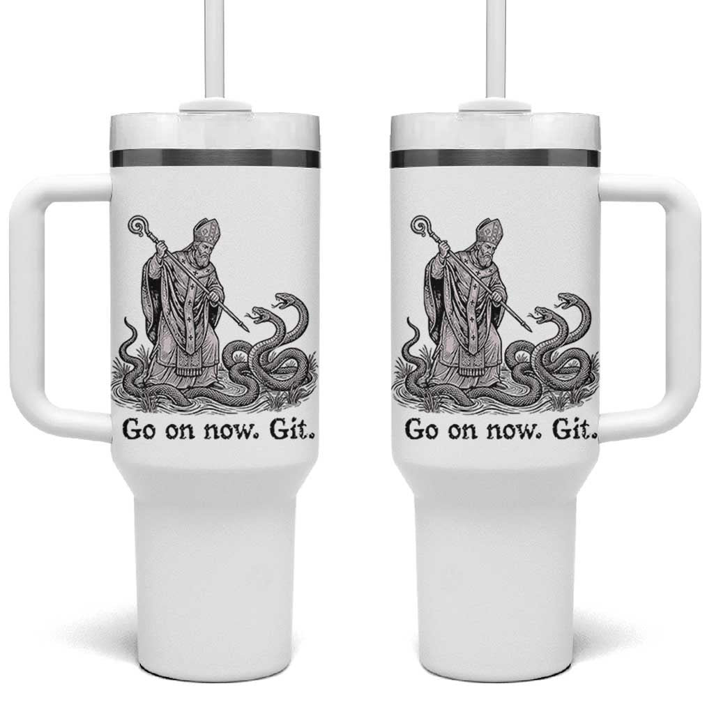 Go On Now Git Funny Saint Patrick Banishing Snakes Tumbler With Handle Irish History Humor St Patricks Day