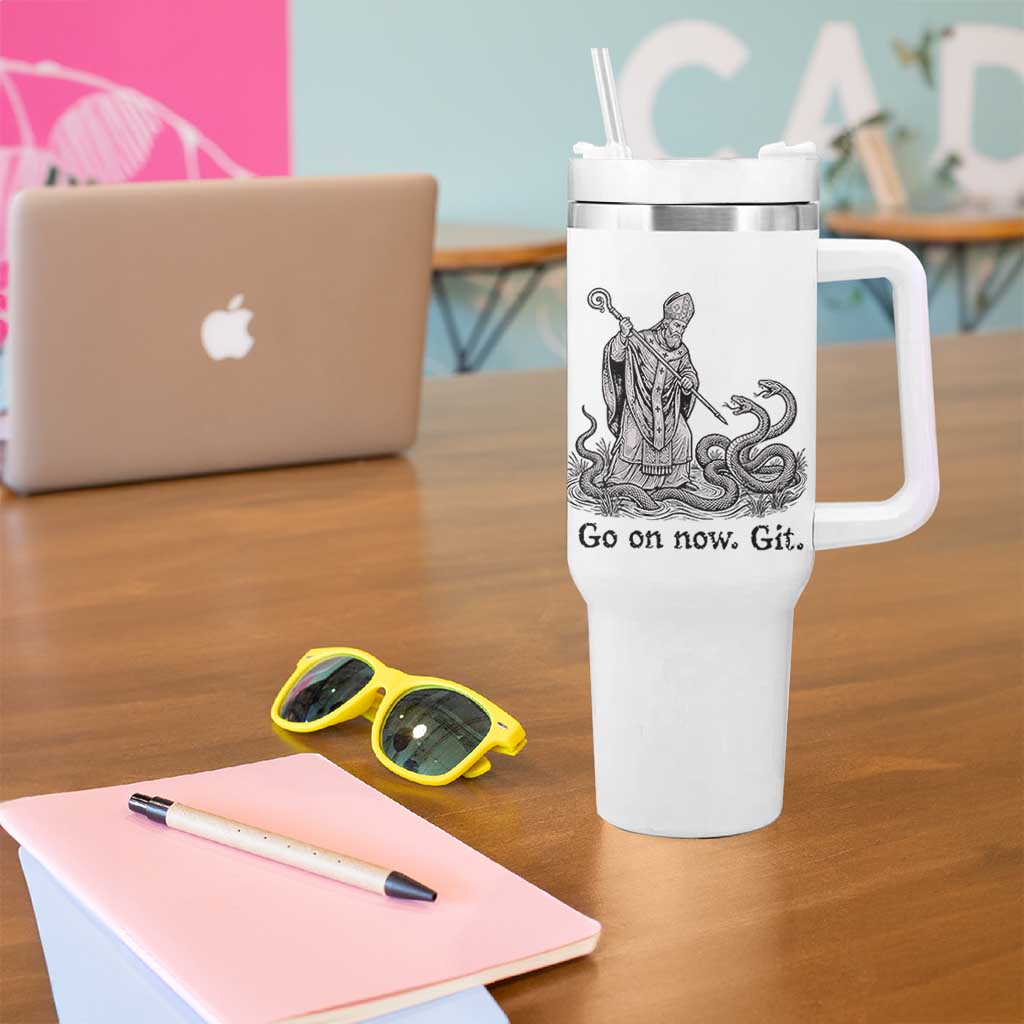 Go On Now Git Funny Saint Patrick Banishing Snakes Tumbler With Handle Irish History Humor St Patricks Day