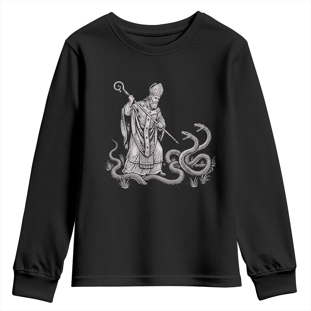 Go On Now Git Funny Saint Patrick Banishing Snakes Youth Sweatshirt Irish History Humor St Patricks Day