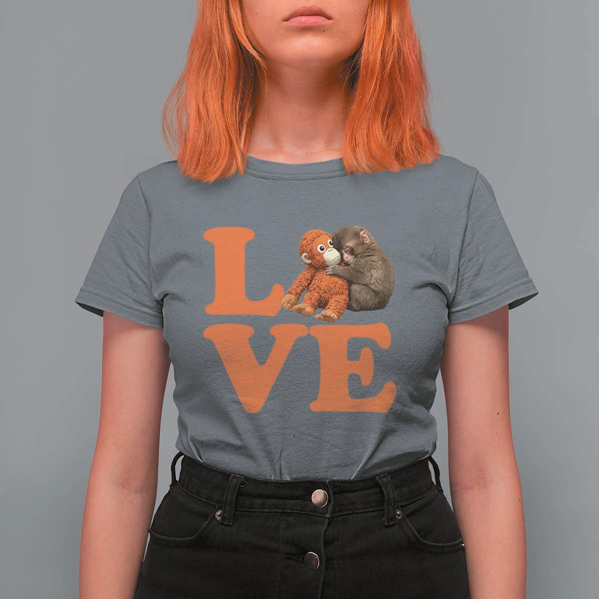 Love Punch the Baby Monkey T Shirt For Women Cute Hugging Plush Toy Viral Friendship