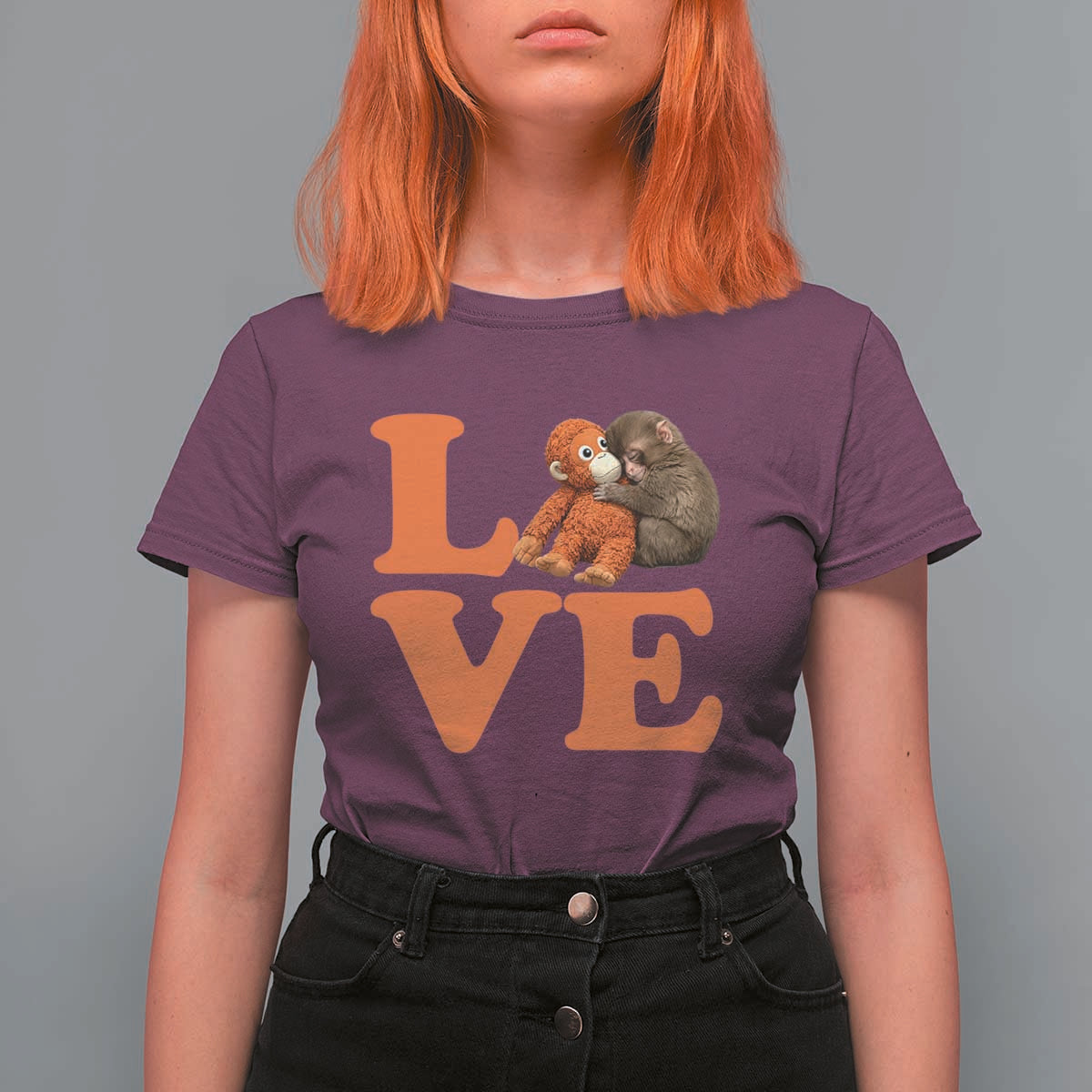 Love Punch the Baby Monkey T Shirt For Women Cute Hugging Plush Toy Viral Friendship