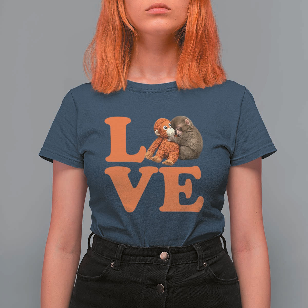 Love Punch the Baby Monkey T Shirt For Women Cute Hugging Plush Toy Viral Friendship