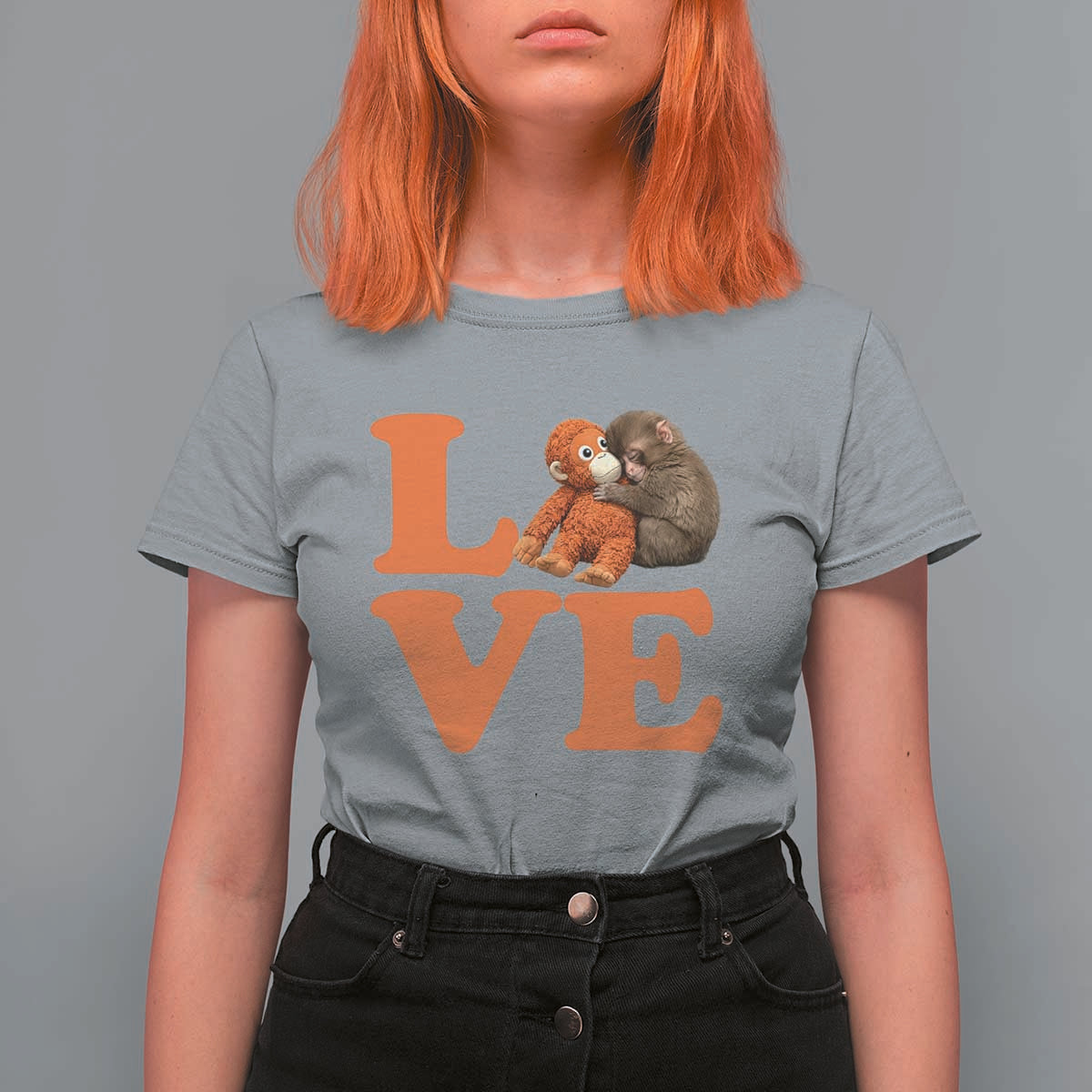 Love Punch the Baby Monkey T Shirt For Women Cute Hugging Plush Toy Viral Friendship