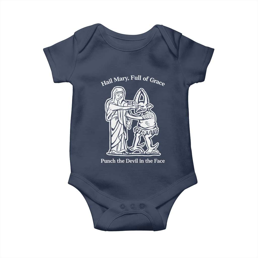 Funny Catholic Faith Humor Baby Onesie Hail Mary Full of Grace Punch the Devil in the Face