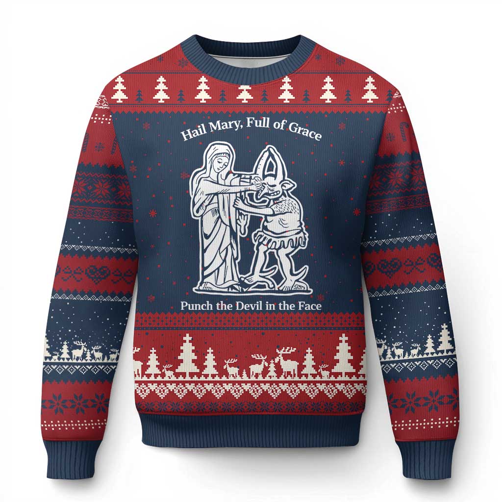 Funny Catholic Faith Humor Ugly Christmas Sweater Hail Mary Full of Grace Punch the Devil in the Face