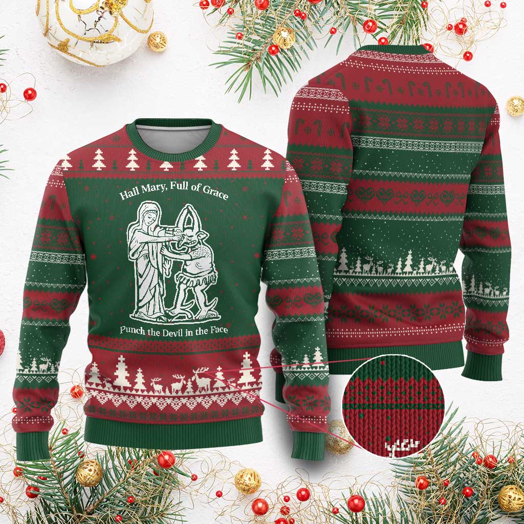 Funny Catholic Faith Humor Ugly Christmas Sweater Hail Mary Full of Grace Punch the Devil in the Face