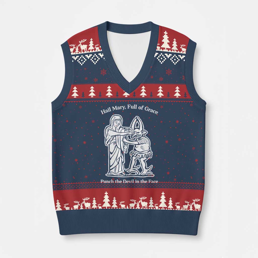 Funny Catholic Faith Humor V-Neck Knit Sweater Vest Hail Mary Full of Grace Punch the Devil in the Face