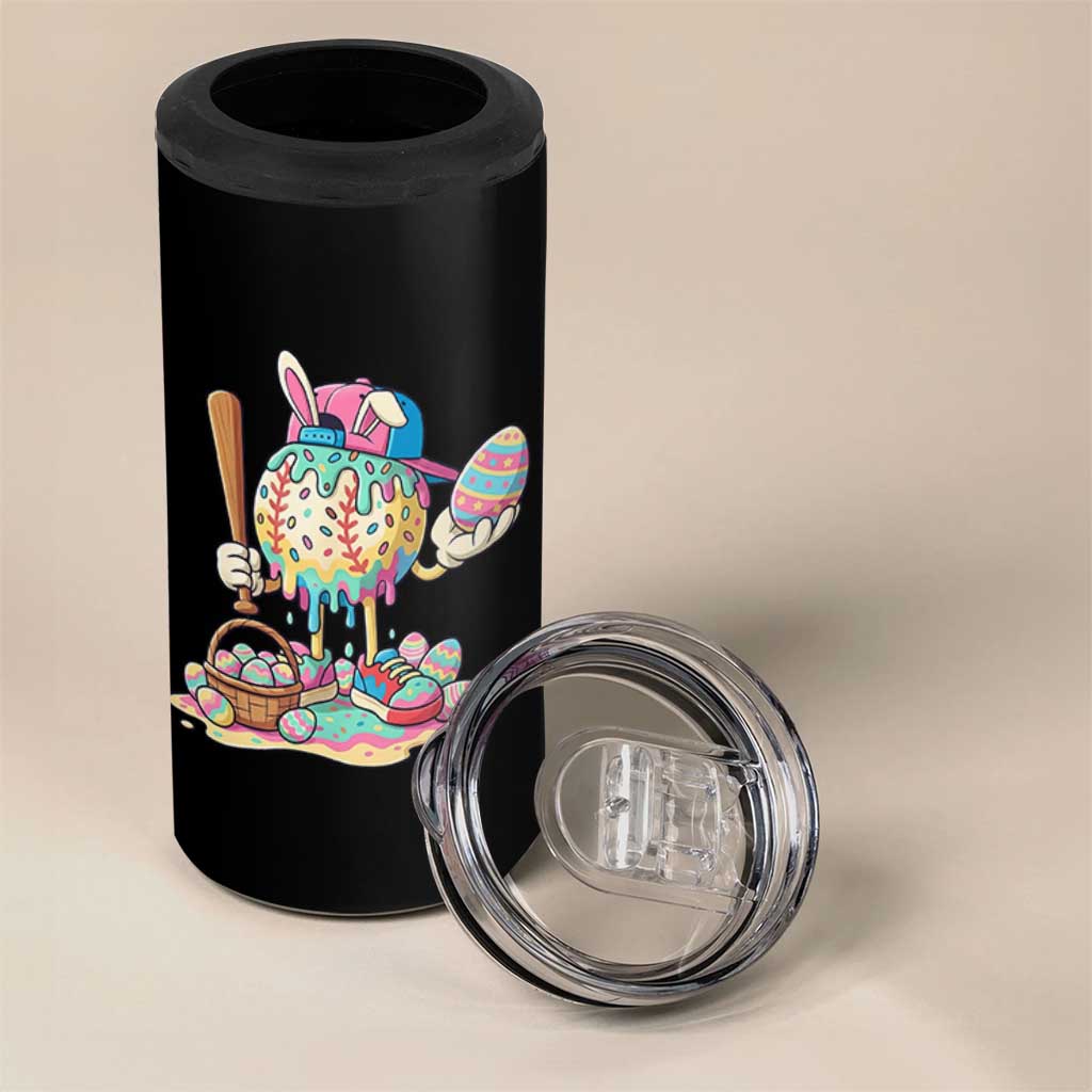 Funny Baseball Easter Bunny Graphic 4 in 1 Can Cooler Tumbler Colorful Drip Egg Hunt Sports Mashup