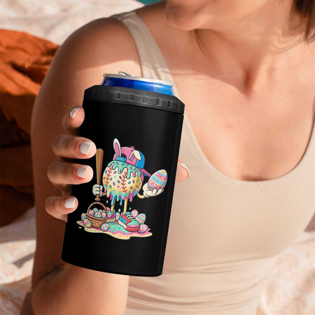 Funny Baseball Easter Bunny Graphic 4 in 1 Can Cooler Tumbler Colorful Drip Egg Hunt Sports Mashup