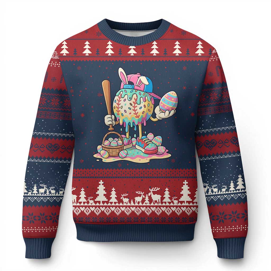 Funny Baseball Easter Bunny Graphic Ugly Christmas Sweater Colorful Drip Egg Hunt Sports Mashup