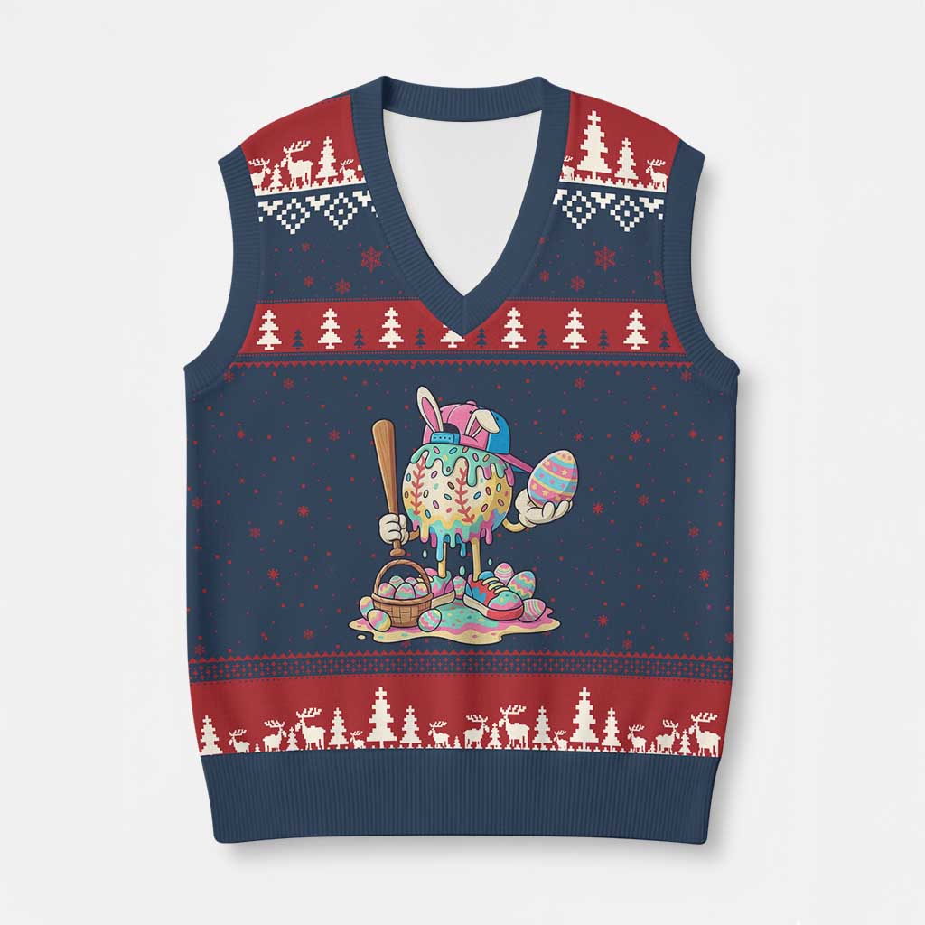 Funny Baseball Easter Bunny Graphic V-Neck Knit Sweater Vest Colorful Drip Egg Hunt Sports Mashup