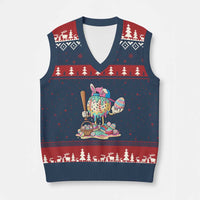 Funny Baseball Easter Bunny Graphic V-Neck Knit Sweater Vest Colorful Drip Egg Hunt Sports Mashup