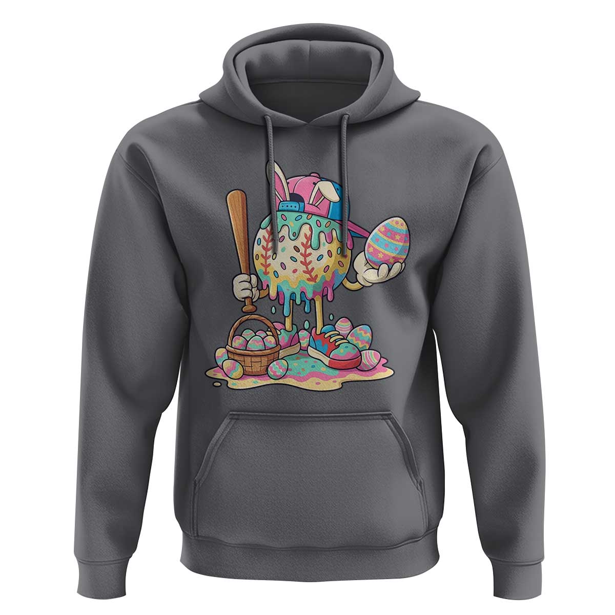 Funny Baseball Easter Bunny Graphic Hoodie Colorful Drip Egg Hunt Sports Mashup