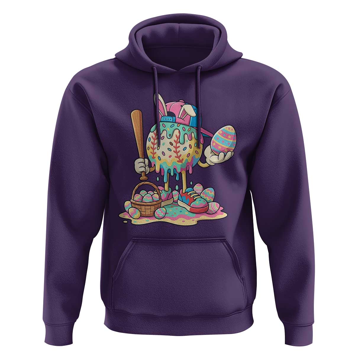 Funny Baseball Easter Bunny Graphic Hoodie Colorful Drip Egg Hunt Sports Mashup