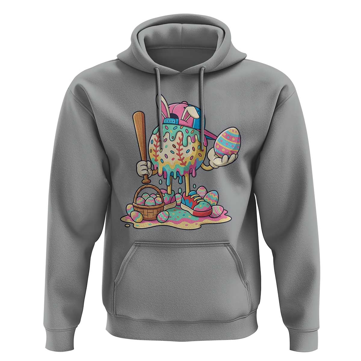 Funny Baseball Easter Bunny Graphic Hoodie Colorful Drip Egg Hunt Sports Mashup