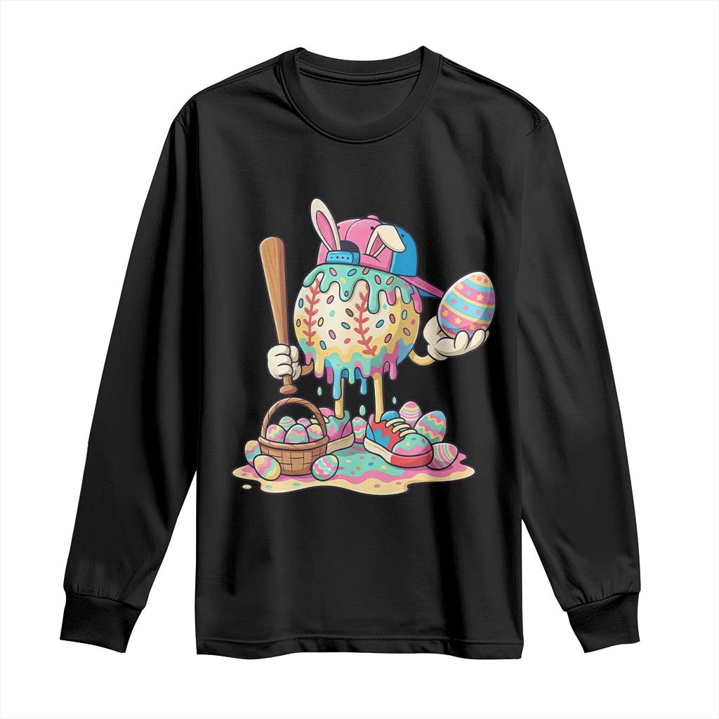 Funny Baseball Easter Bunny Graphic Long Sleeve Shirt Colorful Drip Egg Hunt Sports Mashup