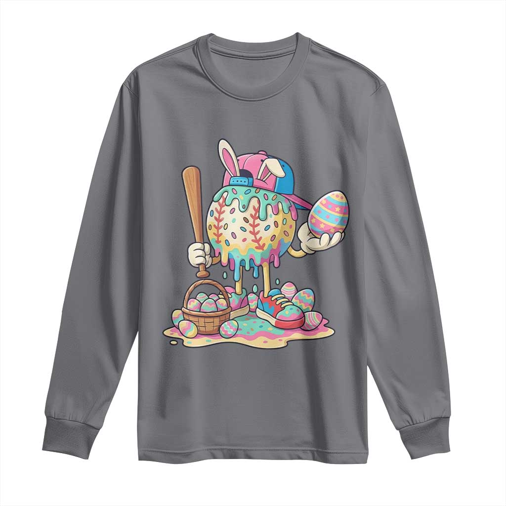 Funny Baseball Easter Bunny Graphic Long Sleeve Shirt Colorful Drip Egg Hunt Sports Mashup