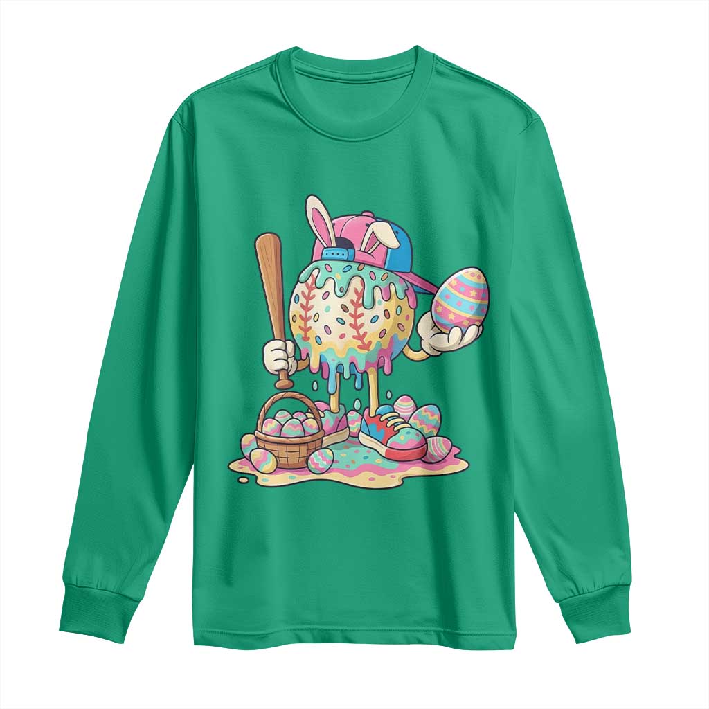Funny Baseball Easter Bunny Graphic Long Sleeve Shirt Colorful Drip Egg Hunt Sports Mashup