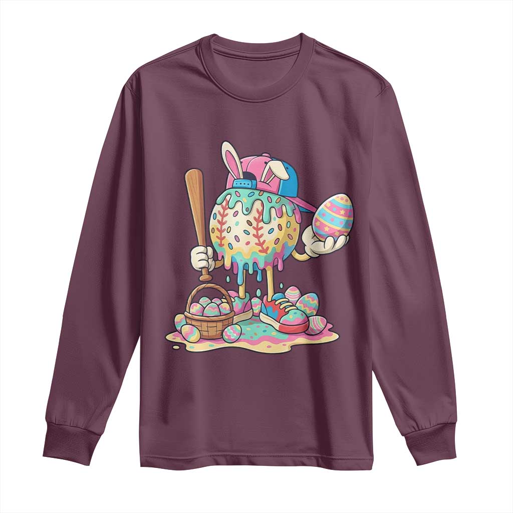 Funny Baseball Easter Bunny Graphic Long Sleeve Shirt Colorful Drip Egg Hunt Sports Mashup