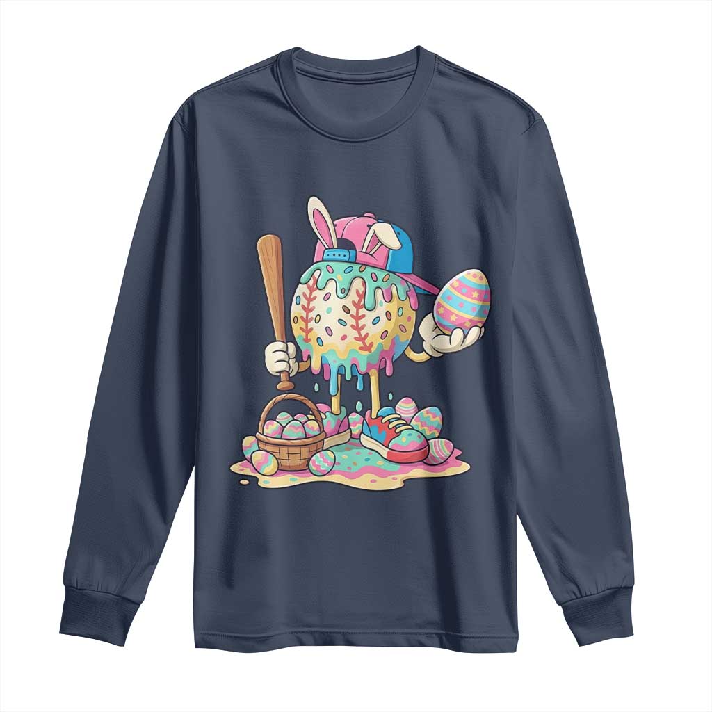 Funny Baseball Easter Bunny Graphic Long Sleeve Shirt Colorful Drip Egg Hunt Sports Mashup
