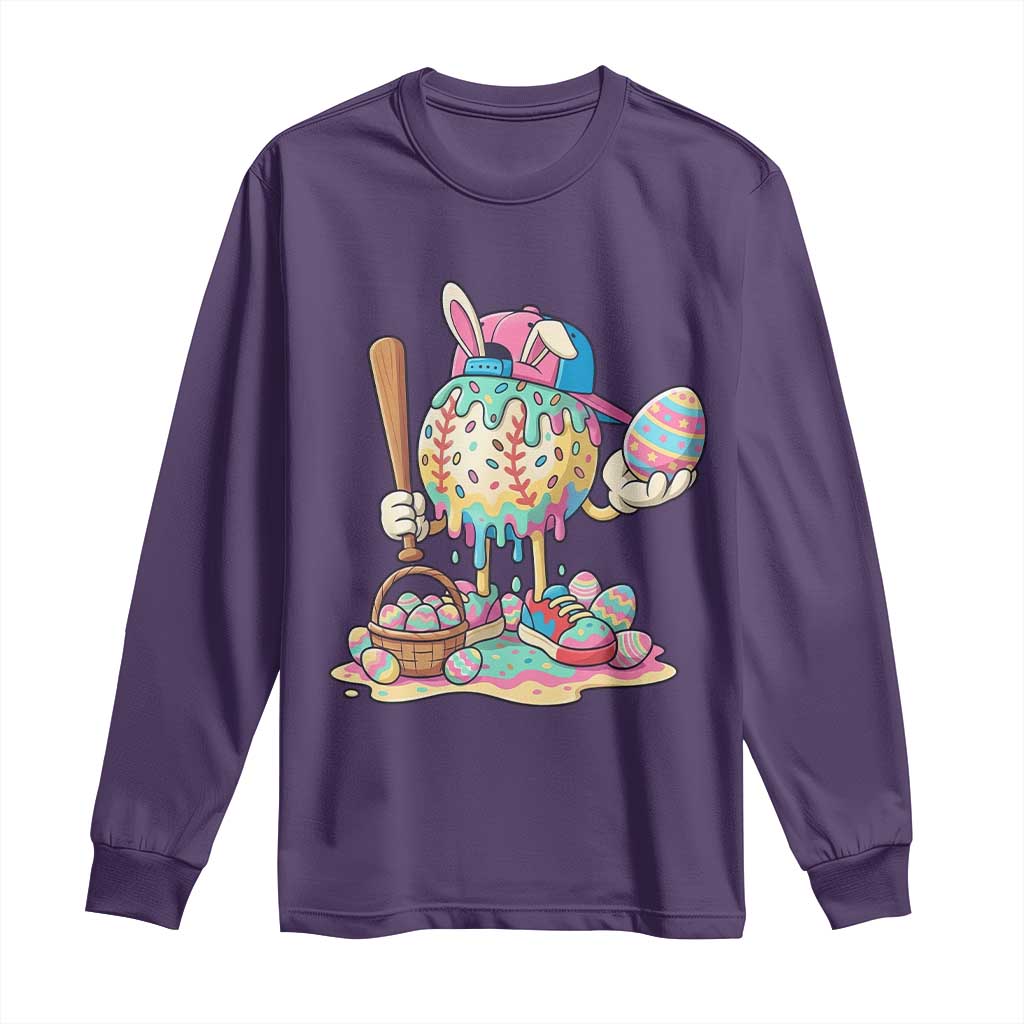 Funny Baseball Easter Bunny Graphic Long Sleeve Shirt Colorful Drip Egg Hunt Sports Mashup