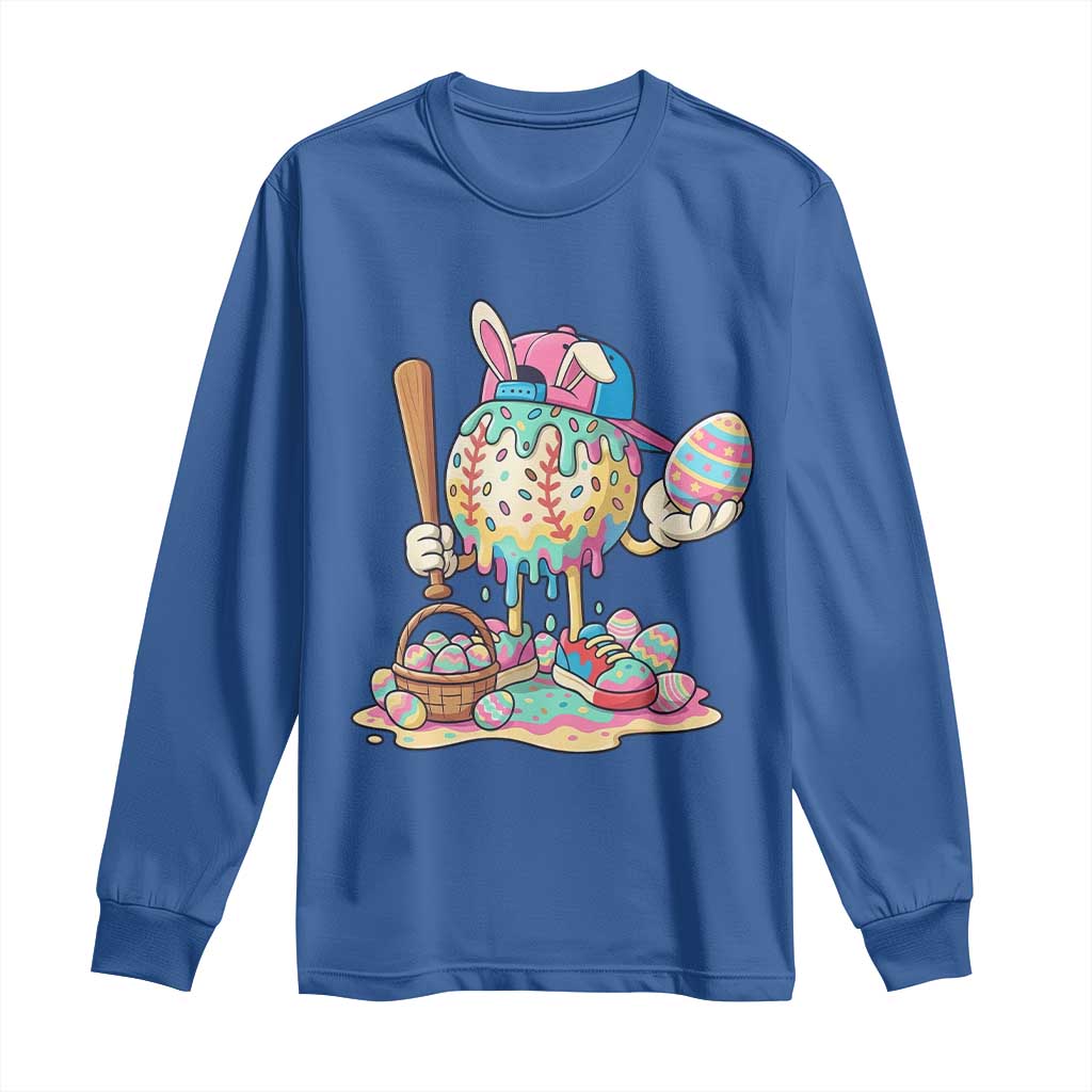 Funny Baseball Easter Bunny Graphic Long Sleeve Shirt Colorful Drip Egg Hunt Sports Mashup