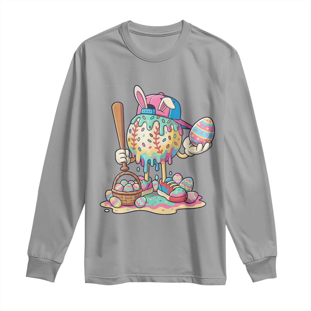 Funny Baseball Easter Bunny Graphic Long Sleeve Shirt Colorful Drip Egg Hunt Sports Mashup