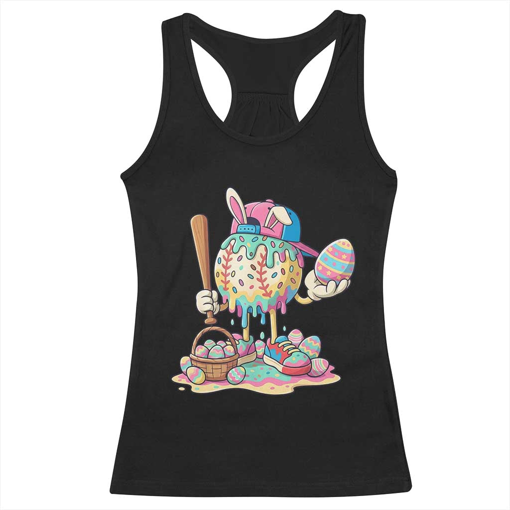 Funny Baseball Easter Bunny Graphic Racerback Tank Top Colorful Drip Egg Hunt Sports Mashup